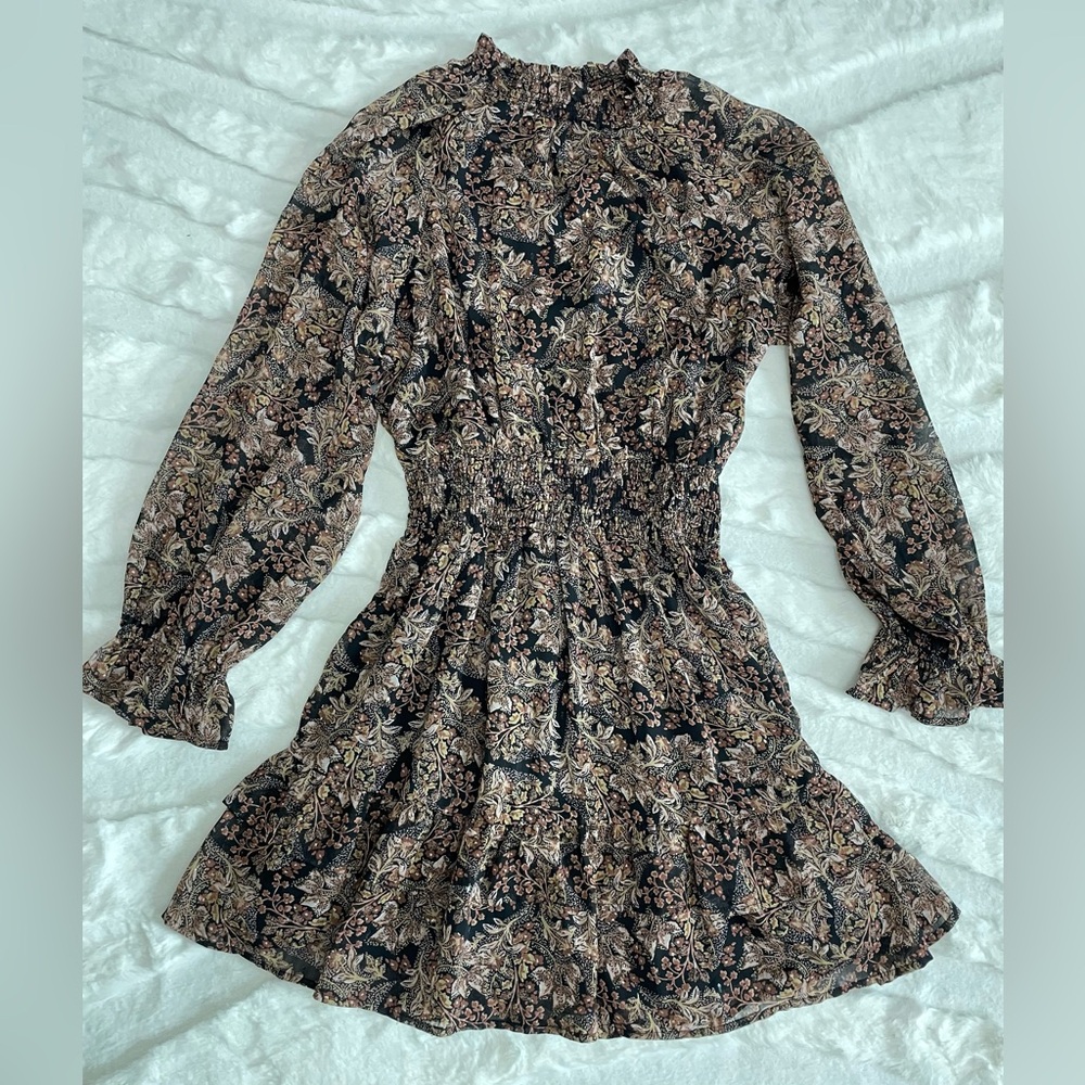 Brown and Tan A-line Dress with Bishop Sleeves